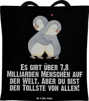 Produktbild von Mr. & Mrs. Panda Tote Bag Pinguine Kuscheln - Schwarz - Geschenk, Jutebeutel, Tasche, Freundin, Freund, Shopping, für Partner, Hochzeitstag, Laptoptasche, Valentinstag