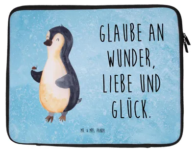 Produktbild von Mr. & Mrs. Panda Laptop Hülle Pinguin Marienkäfer 33 x 42 cm - Eisblau - Geschenk, Aufmerksam, Notebook Sleeve, Laptoptasche, Liebe, Freude, Lebensfreude, Tasche
