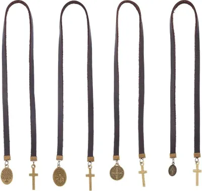 Produktbild von Lederne Lesezeichen mit Retro-Medaillonanhänger - 4 Stück - 50 cm - für Bücherliebhaber
