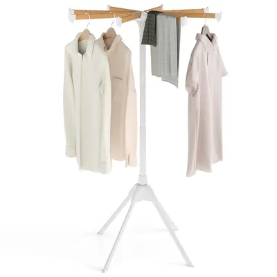 Image de COSTWAY Séchoir à linge avec 8 barres à linge en bambou, pour 40 cintres, 4 pieds de support stables, pour l'intérieur & l'extérieur, appartements & pièces