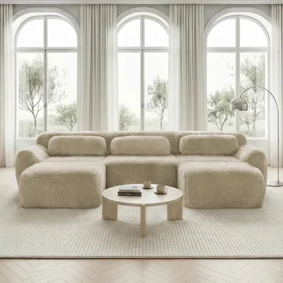 Produktbild von MODFU Dreisitzer Ecksofa,Modulares Sofa mit Geschwungene und 2 Ottoman,U-förmiges Relaxsofa mit Rutschfester Boden & Kissen,Plüschstoff,Hellkhaki
