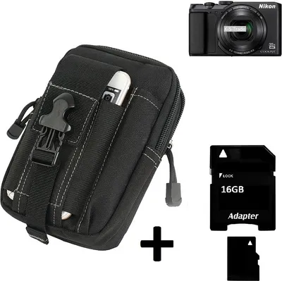 Produktbild von Kompatibel mit Nikon Coolpix A900 Gürteltasche / Holster schwarz Schutz Hülle Kameratasche Fototasche Case Bag + 16 GB Memorycard Extrafächer,