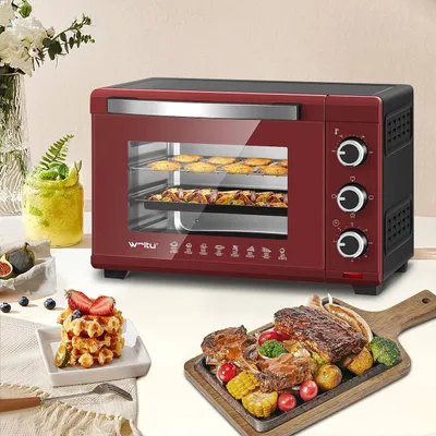 Produktbild von WOLTU Mini Backofen 28 L, Pizzaofen 1600 W, 100-230 °C, Timer 0-60 Min., 3 Heizmodi, inkl. Backblech Grillrost Krümelblech Rostheber, Rot+Schwarz