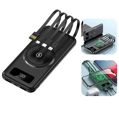 A collage of images showing a black power bank with integrated cables and a wireless charging pad, along with examples of it being used to charge phones and earbuds.