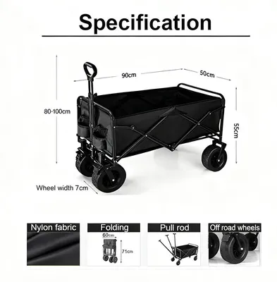 Produktbild von Faltbarer Gartenwagen - Handwagen - 4 Räder - Tragfähigkeit 80–150 kg - Für Camping, Strand und Einkauf - 20,3-cm-Räder - Schwarz