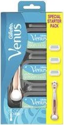 A retail package of Gillette Venus Sensitive Rose Gold razor blades and handle.