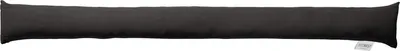 A long, dark-colored draft stopper lies horizontally on a white background.