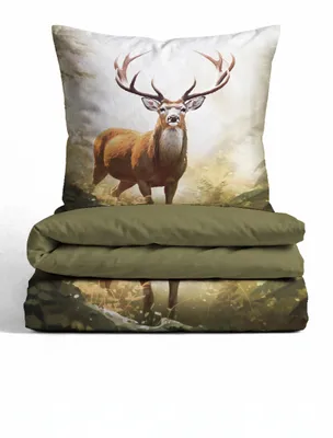 Produktbild von biberna Premium Biber Bettwäsche 155x220 cm grün | Biber 2-teilig mit Kissenbezug 80x80 cm | 100% Baumwolle | weich, wärmend | Reißverschluss | Winterbettwäsche | Hirsch | Modell 0347260 color: fichte, size: 1x 155x200 cm + 1x 80x80 cm