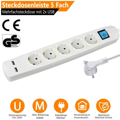 Produktbild von ORSEM 5-Fach Steckdosenleiste mit 2x USB-A 3680W – 16A – Mehrfachsteckdose Flachstecker mit Kindersicherung Schalter flachem Winkelstecker 1,5m Weiß