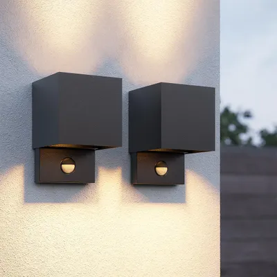 Image de HOFTRONIC - Applique murale LED Kansas 7W 3000K IP65 Noir Cube détecteur PIR
