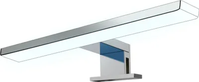 A modern, minimalist LED bathroom light fixture with a chrome finish.