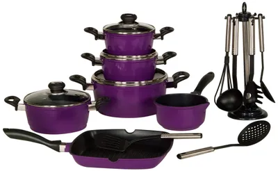 Produktbild von Karl Krüger 17/L Aluguss-Set 17-teilig - antihaft-versiegeltes Topf- und Pfannenset mit Küchenhelfer - lila