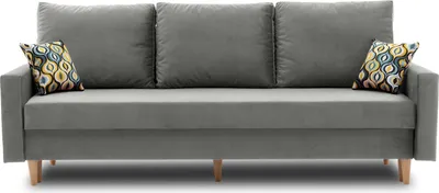 A gray sofa with three back cushions and two decorative pillows.