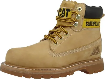 A single Caterpillar work boot is shown against a white background.