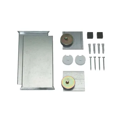 A collection of hardware components for mounting a mirror, including metal brackets, screws, and plastic caps, laid out on a white background.