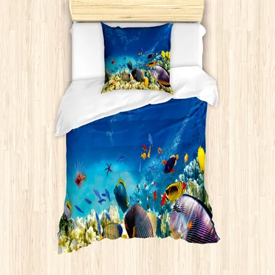 Produktbild von ABAKUHAUS Fisch Mantele, Ozean Tiere, Milbensicher Allergiker geeignet mit Kissenbezügen, 135 cm x 200 cm - 80 x 80 cm, Mehrfarbig