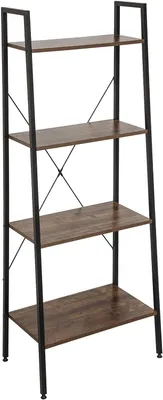 A four-tier ladder shelf with a vintage wood grain finish and black metal frame, shown against a white background.