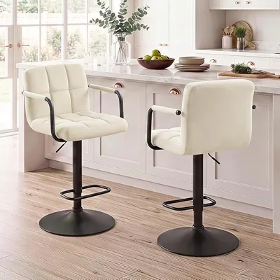 Imagen del producto de Juego de 2 taburetes de bar, sillas de bar con altura ajustable, giratorias 360°, ideales para la cocina, con respaldo y reposabrazos. Taburetes hidráulicos ajustables para cocina y comedor, color beige