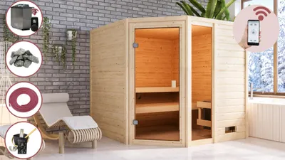 Produktbild von Karibu Sauna Innensauna Heimsauna MILA 7 Sparset 197x197 cm inkl. 9kw Ofen mit HUUM Wifi (App fähig) Steuerung