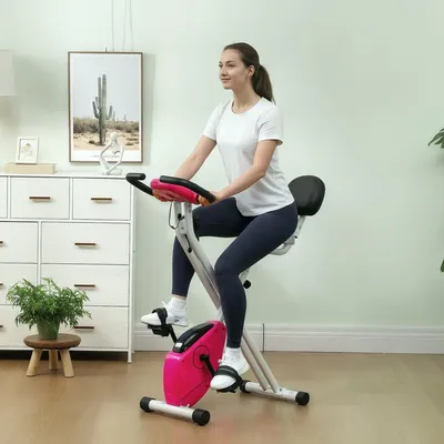 Zdjęcie produktu dla Składany rower treningowy do użytku domowego z hamulcem magnetycznym, do 110 kg, składany rower X-Bike z oparciem, wyświetlaczem LCD i czujnikami tętna, rower stacjonarny do ćwiczeń w domu, kolor różowy