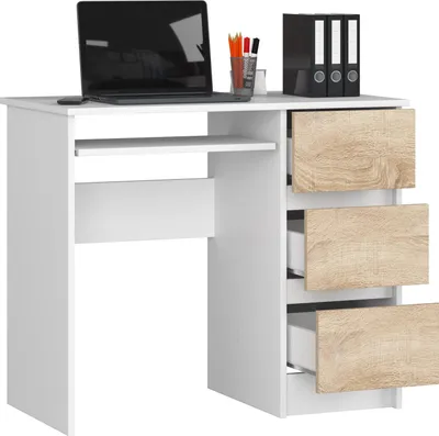 Immagine prodotto di BDW, scrivania per computer con 3 cassetti, cassetto per tastiera, 90x77x50 cm, bianco/rovere Sonoma (destra)