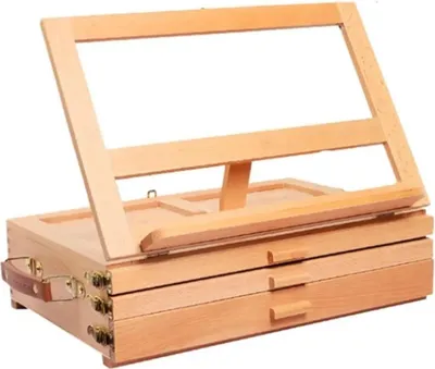 Produktbild von Tischstaffelei Verstellbare Tischstaffelei aus Buchenholz, professionelle Multifunktions-Staffelei for Kunstmalerei, zusammenklappbare ?lfarben-Skizzenschubladenbox