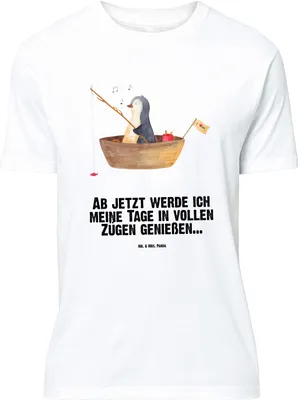 Produktbild von Mr. & Mrs. Panda Größe S T-Shirt Pinguin Angelboot - Weiß - Geschenk, Motivation, Tshirt, oberteil, Boot, mit Spruch, Neuanfang, Angeln, V-Ausschnitt, Motiv, Optimistisch