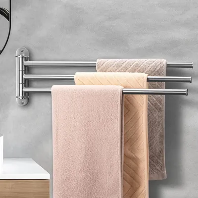 Obrázek produktu pro Držák na ručníky do koupelny, 3 tyče, otočný, se 3 výztuhami, 40 cm, nástěnný, nerezová ocel, stříbrná barva