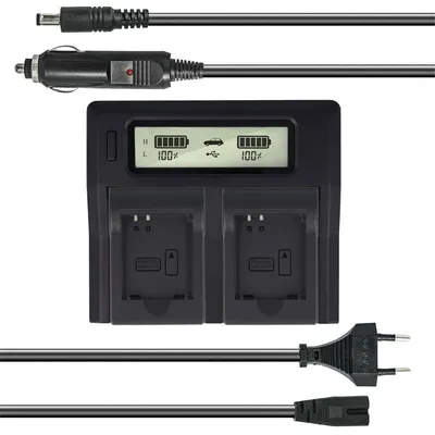 Produktbild von Dual Akku-Ladegerät kompatibel mit Panasonic DMW-BCN10 - mit USB-Anschluss, LCD-Display und Kfz-Ladekabel - Schnellladegerät