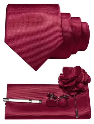 Produktbild von Herren Krawatten-Set mit Pocket Square, Manschettenknöpfen, Krawattenklemme und Brosche, weinrot