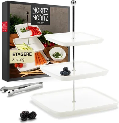 Produktbild von Moritz & Moritz Obstetagere 3 Etagen - inkl. Zange - aus hochwertigem Porzellan - moderne Küchendekoration oder Festdekoration - perfekt als Obstschale zur Aufbewahrung von Obst, Muffins und Cupcakes
