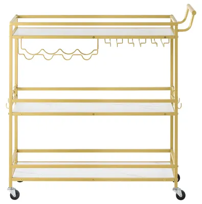 Immagine prodotto di Carrello bar SucceBuy con 3 ripiani, carrello di servizio con portabottiglie, portabicchieri e ripiani rettangolari, carrello moderno per cucina o bar domestico, capacità di carico per ripiano: 20 kg, dimensioni: 910 x 330 x 935 mm