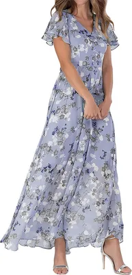 Produktbild von ASKSA Damen Sommerkleid Blumendruck Lang Ruesche Kurzarm V Ausschnitt Strandkleider Boho Beach Midikleid Freizeitkleid (Hellviolett,XXL)