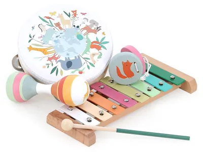 Imagen del producto de Vilac 7114, Conjunto de instrumentos musicales para niños, incluye: castañuelas, pandereta, metalófono y tambor. Recomendado para niños a partir de 3 años. Multicolor