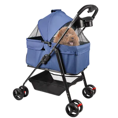 Produktbild von 2 in 1 Hundewagen,Hundebuggy bis 15 kg mit abnehmbarem Korb,Klappbar Travel Haustier Kinderwagen Pet Stroller für kleine Hunde Katzen 50x65x99cm Blau