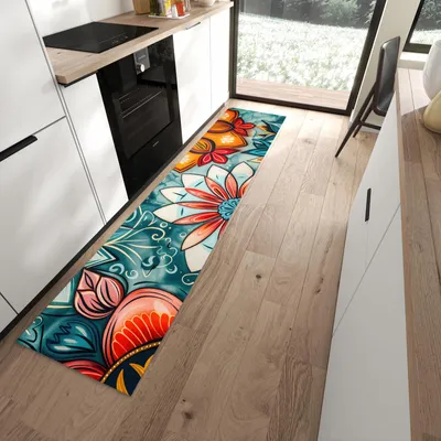 Produktbild von Küchenteppich 60x270cm rutschfest & abwischbar PVC Läufer - Blumenmuster Mandala