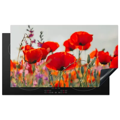 Produktbild von KitchenYeah© Herdabdeckplatte Mohn - Blumen - Rot - Lila - Wiese , 91x52cm, Küche Deko, Glaskeramikkochfeld Herdabdeckung, Abdeckplatte fùr Kochfeld