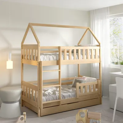 A wooden bunk bed with a house-shaped frame in a child's bedroom.