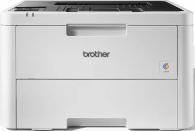 A white Brother laser printer is shown from the front.