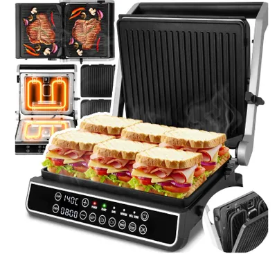 Produktbild von MalTec Kontaktgrill aufklappbar mit Auffangschale Elektrogrill 2500W Panini Sandwichmaker Tischgrill mit Display 3 Frittierstufen Schwarz