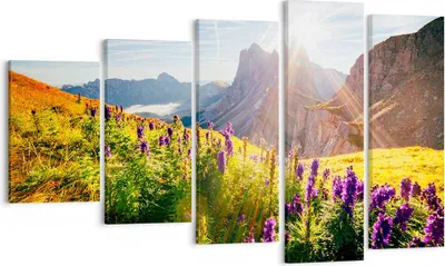 Produktbild von Bild auf Leinwand - Leinwandbild - Berge Wiese Blumen - 100x60cm - Wand Bild - Wanddeko - Leinwanddruck - Bilder - Kunstdruck - Wanddekoration - Leinwand bilder - Wandkunst - EG100x60-4008