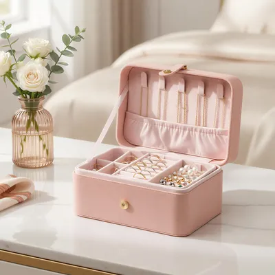 Produktbild von SONGMICS Schmuckbox, 2 Ebenen, aus PU, Schmuckkasten, rosa