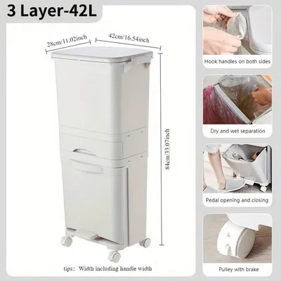 Obrázok produktu pre Kôš do kuchyne – 42 litrový kôš na odpad – trojvrstvový systém na triedenie odpadu – nádoba na recykláciu – úsporný dizajn – plast