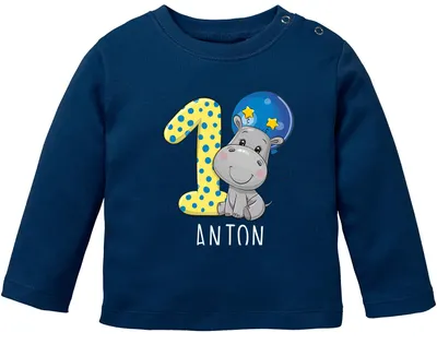Produktbild von personalisiertes Baby Langarmshirt mit Namen Zahl 1 Geburtstagsshirt Nilpferd Tiermotive Junge/Mädchen SpecialMe®  blau 80/86 (10-15 Monate)