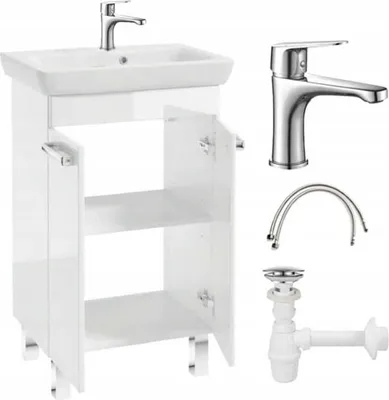 Zdjęcie produktu dla Szafka łazienkowa z umywalką biały połysk stojąca 55x80 Capri z baterią chrom wydłużoną