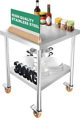 Produktbild von Edelstahl Arbeitstisch 61 x 46 x 85 cm Edelstahltisch Tisch mit 4 Lenkrollen & Verstellbare Füße Edelstahl Tisch Gastro bis 300 kg für Outdoor, Werkstatt, Restaurant und Lebensmittelzubereitung