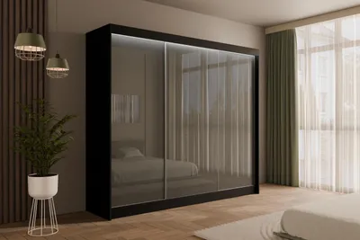 Produktbild von ALTDECOR Kleiderschrank mit Lacobel-Schiebetüren, kugelgelagerte Führungsschienen und Aluminium- Leisten, LED-Beleuchtung (weiß + 16 Farben) und Fernbedienung - PEKA - 250 cm Schwarz /  Grau