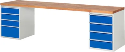 Produktbild von Werkbank mit 8 Schubladen - Teilauszug - 150:3 / 180:4 / 270:1 - 890 x 3.000 x 900 mm (HxBxT) - Traglast 1.000 kg - Buche