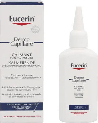 Produktbild von Eucerin Dermo Capillaire Scalp Treatment, Tropfflasche, Aqua, Urea, Methylpropanediol, Sodium Lactate, Laureth-9, Glycyrrhiza Inflata Root Extract,..., Wash your hair as usual. The product may be used on damp or dry scalp. Twist the cap to remove it..., 1 Stück(e)