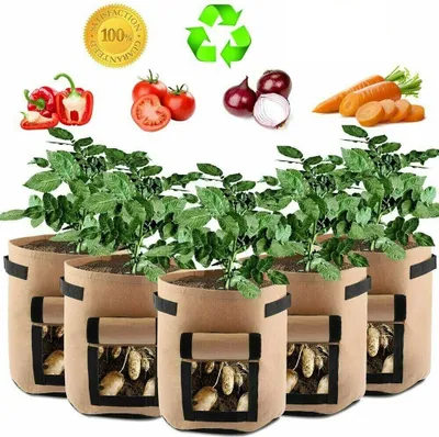 Image de 5 sacs de plantes, sac de plantation de pommes de terre 7 gallons avec poignées et fenêtre, respirant sac de légumes Grow Bag sac de plantation pour carottes/oignons/légumes (brun)